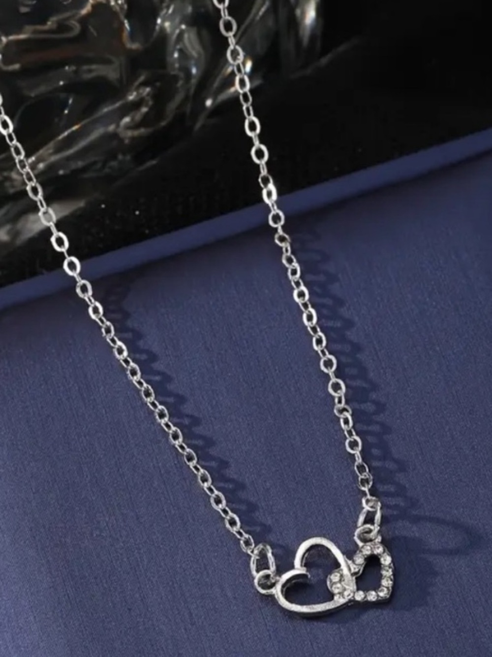 Silver Double Heart Pendant Necklace with Crystal Accents